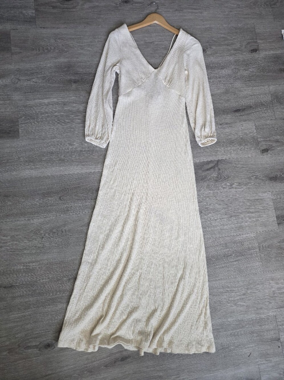 FP Beach Ivory Knit Maxi Dress V-Neck 3/4 Balloon Sleeve M